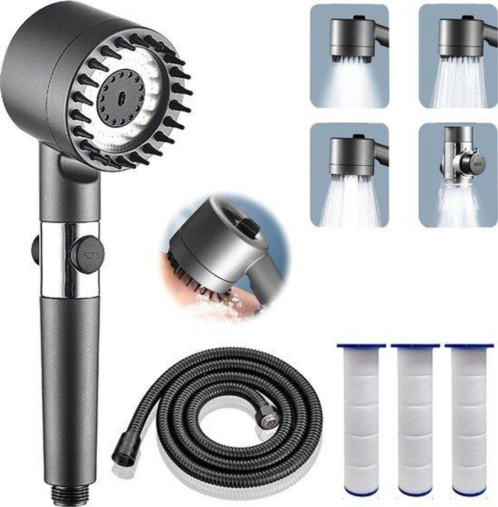 Handdouche mit Massagekop, 1,5 m, 3 Filter, Wasserstop, 4 Strahlarten, druckverstärkend, abnehmbar, schwarzer Douchekop