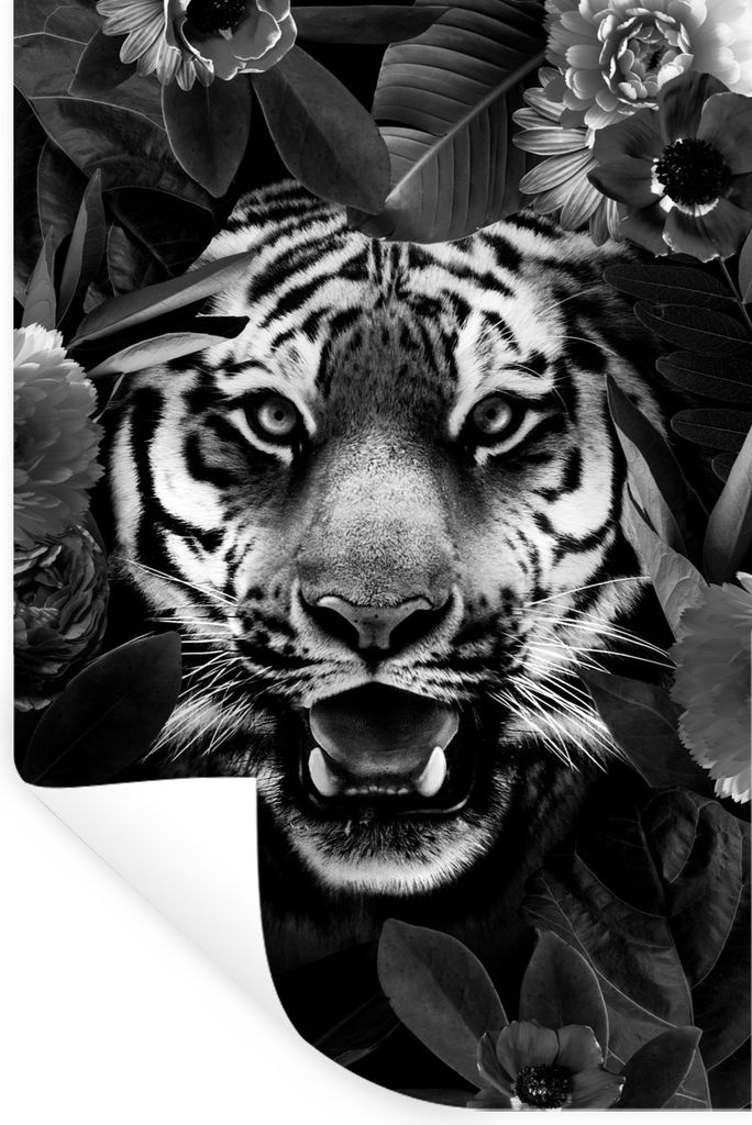 MuchoWow Wandtattoo Wandsticker Wandaufkleber Tiger zwischen den Blumen - schwarz und weiß 60x90 cm Selbstklebend und Repositionierbar - Sticker...
