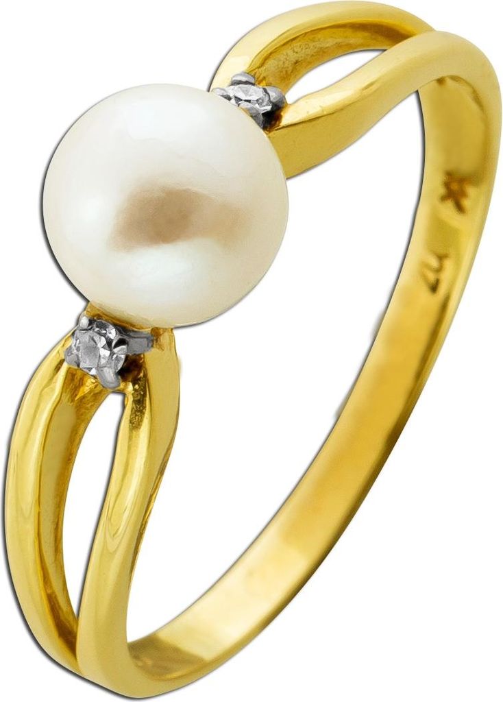 Perlenring Gold 585 14K Akoyaperle Diamanten 0.04ct Antikschmuck 20