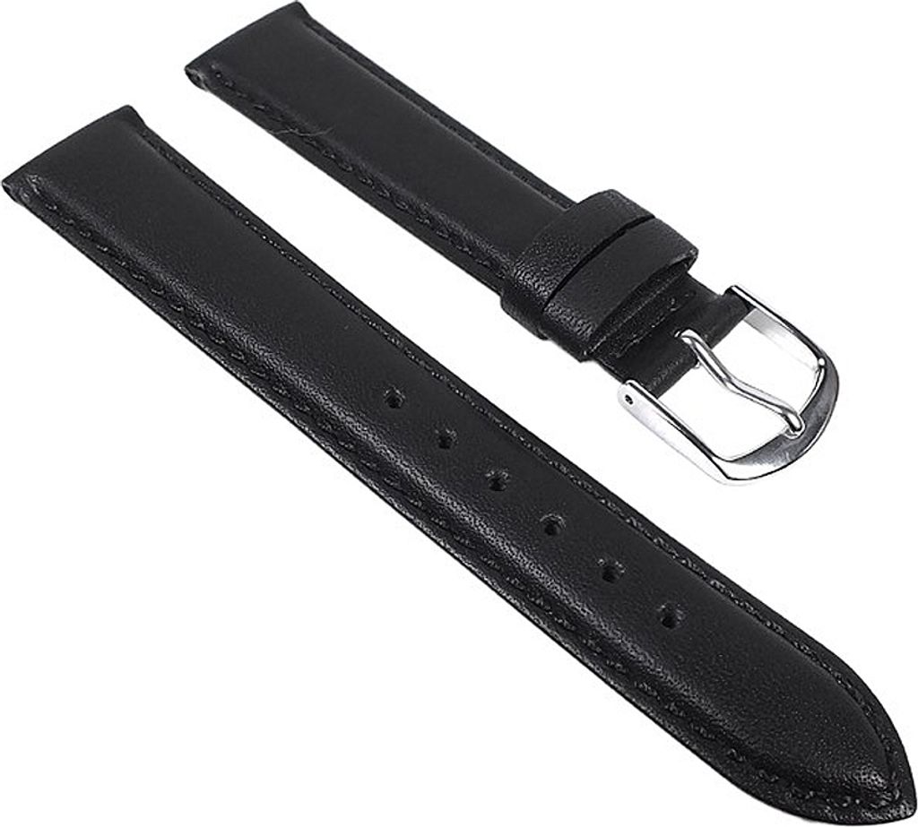 Uhrenarmband weiches Leder rembordiert mit Naht in Schwarz 22690S, Stegbreite:16mm