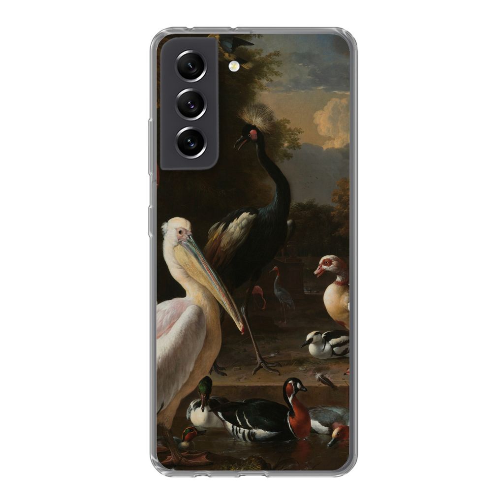 MuchoWow Handyhülle Schutzhülle Hülle für Samsung Galaxy S21 FE Ein Pelikan und andere Vögel in der Nähe eines Wasserbeckens - Gemälde von...