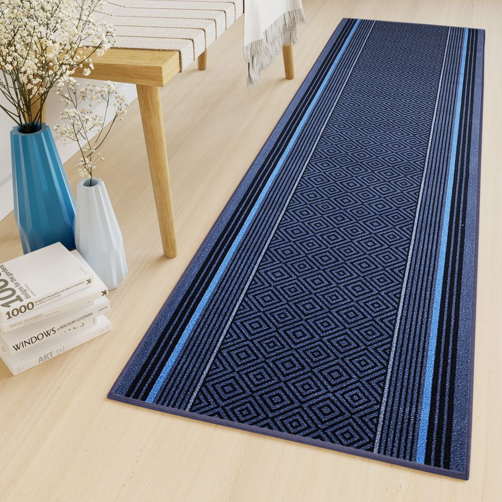Läufer Teppich Meterware Flur Wohnzimmer Schlafzimmer Kurzflor Modern Design Rutschfest Blau 67 x 340