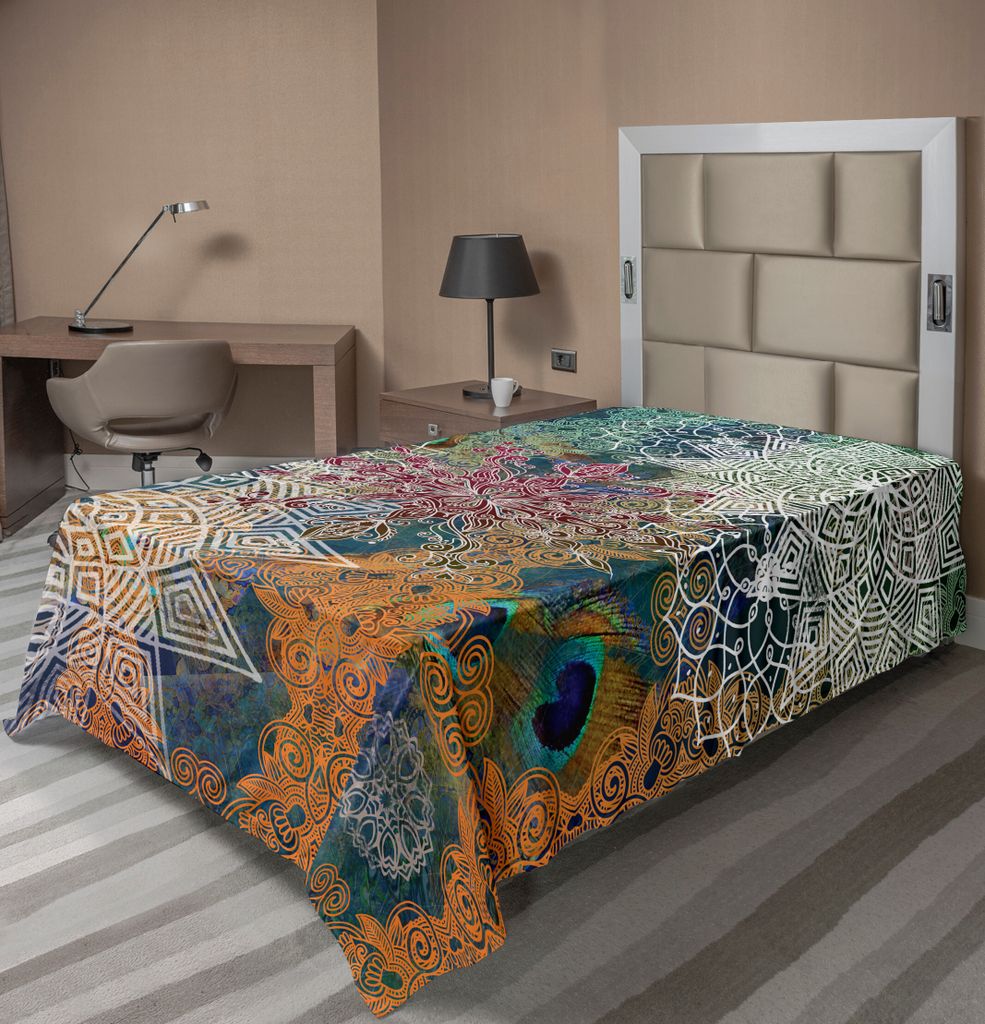 ABAKUHAUS Ethnisch Bettlaken, Vintage Style Asian Oriental Komposition mit Mandala Blumen und Pfauenfedern, weiches bequemes oberes Bettlaken für ...