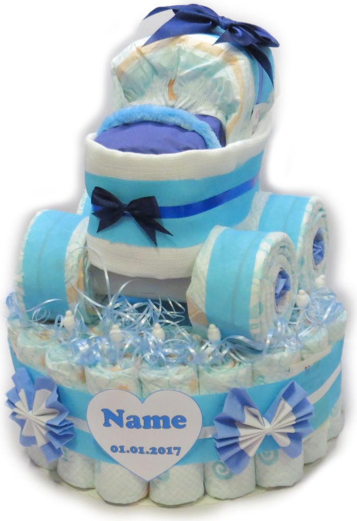Windeltorte mit Windelkinderwagen in babyblau | Windelgeschenk Junge