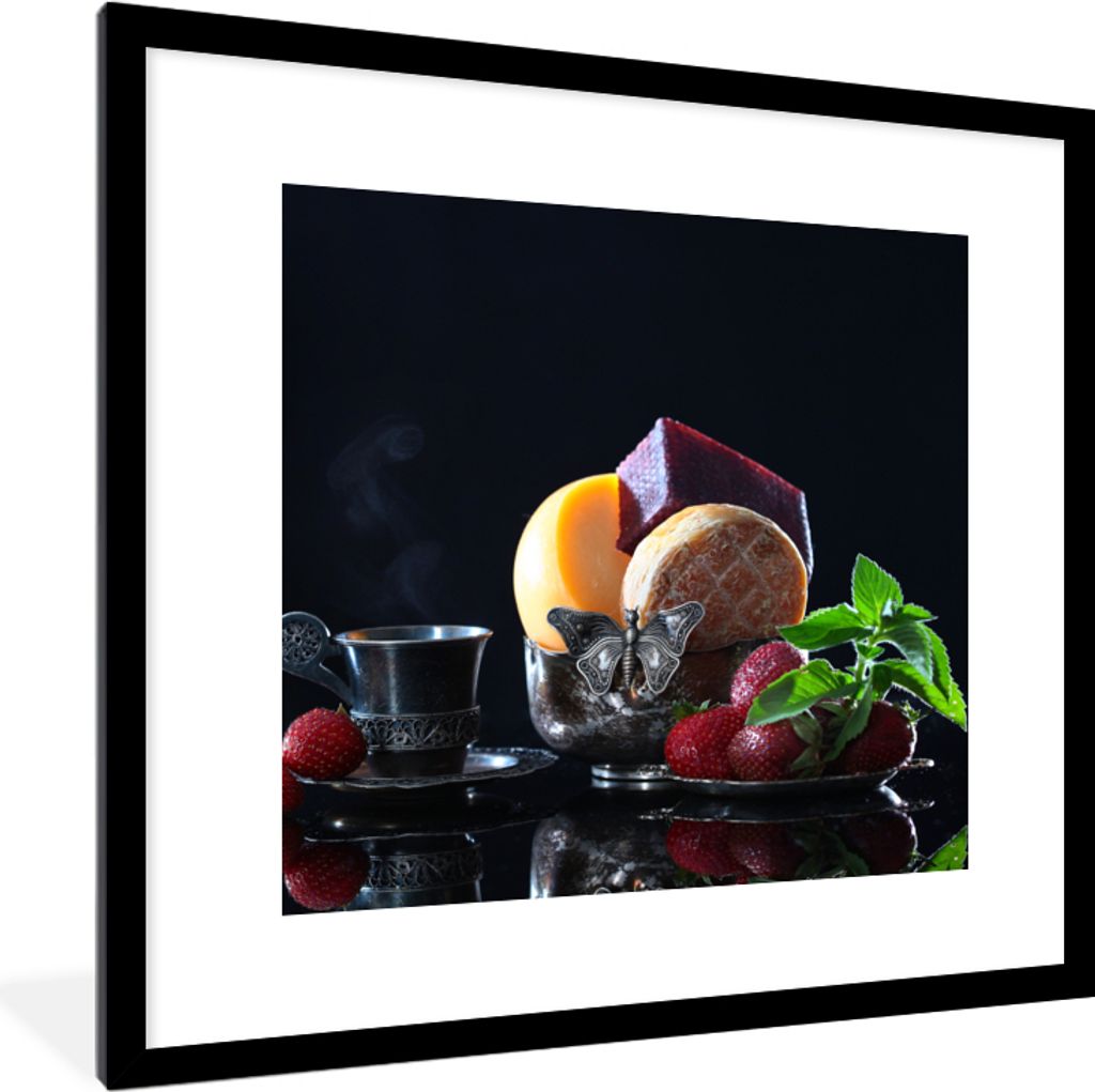 MuchoWow Gerahmtes Poster Rustikal - Obst - Käse - Tisch - Stilleben 40x40 cm - Poster mit Schwarzem Bilderrahmen Wandposter Rahmen Foto Bilder ...