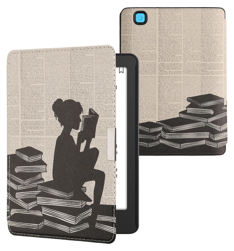 kwmobile Schutzhülle für Kobo Aura Edition 2 Hülle - eReader Flip Case mit Auto Sleep Funktion - Lesende Frau mit Schwarz Beige