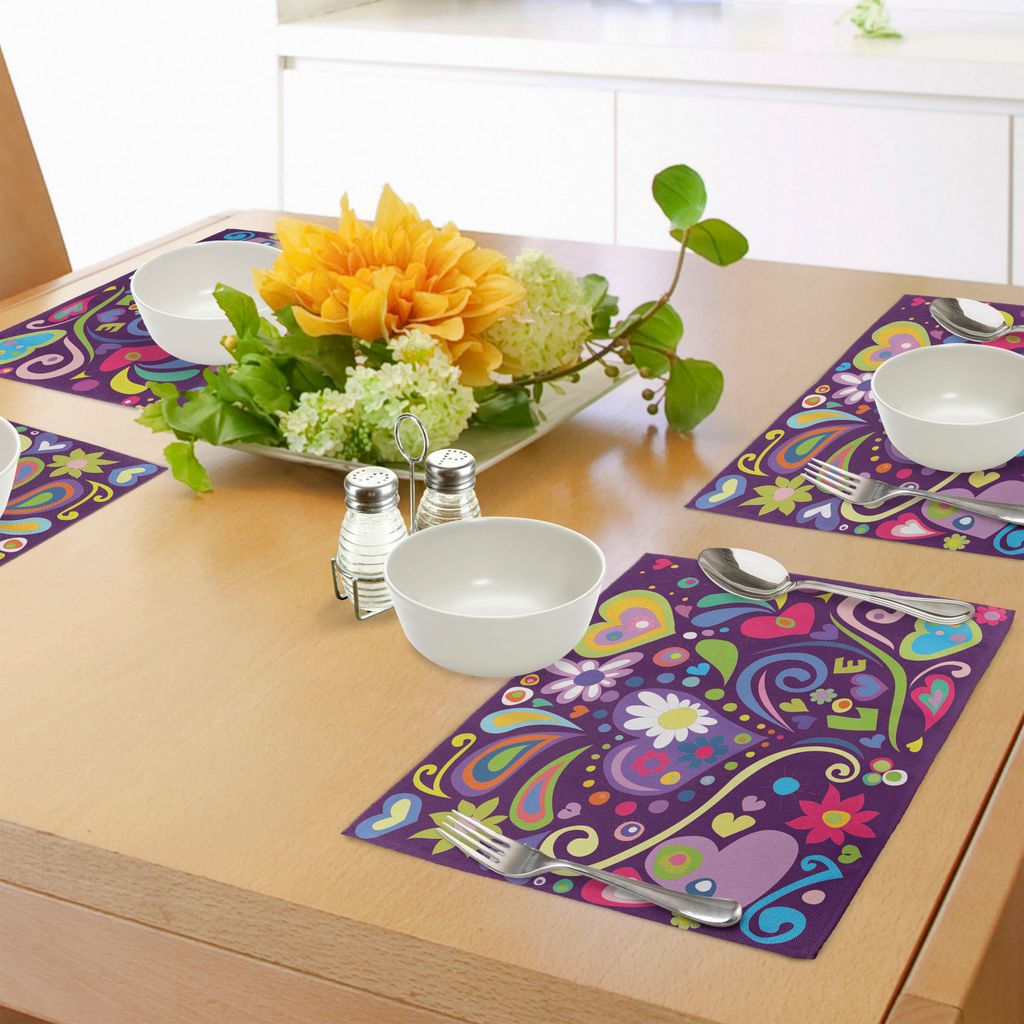 ABAKUHAUS Gekritzel Platzmatten, Liebes-Sechziger-inspirierte Anordnung für Verschiedene Retro- Element-Herz-Feder eine Liebe, Tiscjdeco aus Farbf...