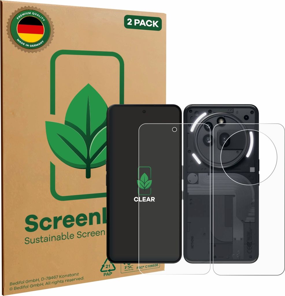 2x ScreenLeaf Schutzfolie für Nothing Phone (3a) Pro (Display+Rückseite) nachhaltiger Displayschutz Display Schutz Folie Klar Transparent