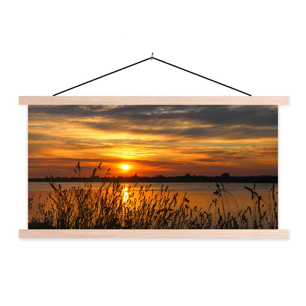 MuchoWow Textilposter Sonnenuntergang - Meer - Horizont - Himmel - Pflanzen 120x60 cm mit holzfarbenen Rahmen - Klemmleiste
