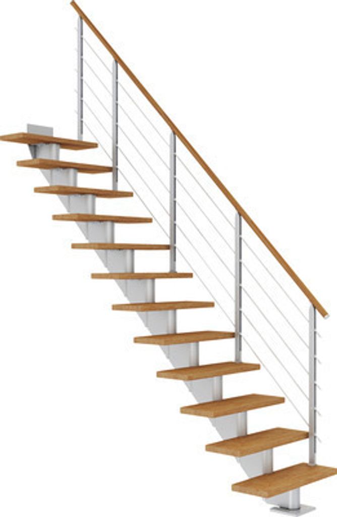 Pertura Mittelholmtreppe Alena Eiche Leimholz Perlgrau Gerade 75 cm 12 Stufen / 13 Steigungen Relinggeländer Graualumini