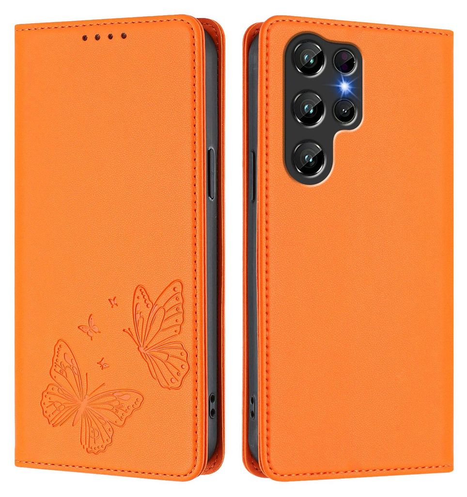 Lederhülle für Oukitel C61 / C61 Pro, Schmetterling Prägung Leder Brieftasche Schutzhülle mit Ständer Orange
