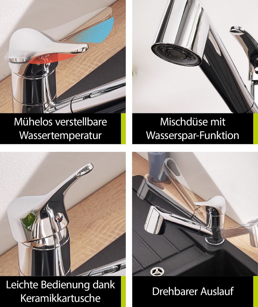 AquaSu Spültischarmatur Amos – Sparsam, Ausziehbar & Mit Keramikkartusche Für Langlebige Qualität