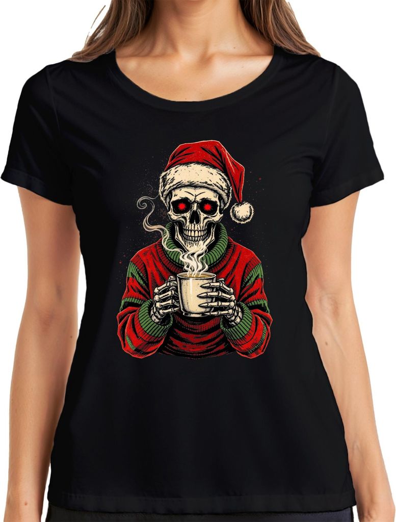 Skelett Santa rote Augen Kaffee Becher Gothic Weihnachten Damen T-Shirt, Schwarz, XXL