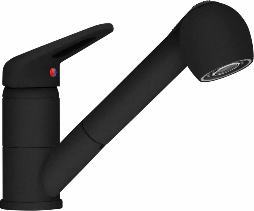A black kitchen faucet with a pull-out spray head, shown against a white background.