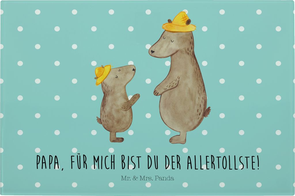 Mr. & Mrs. Panda Frühstücksbrett Bären mit Hut - Türkis Pastell - Geschenk, Schneidebrett Glas, Dad, Vesperplatte, Schneideunterlage, Vatertag,...