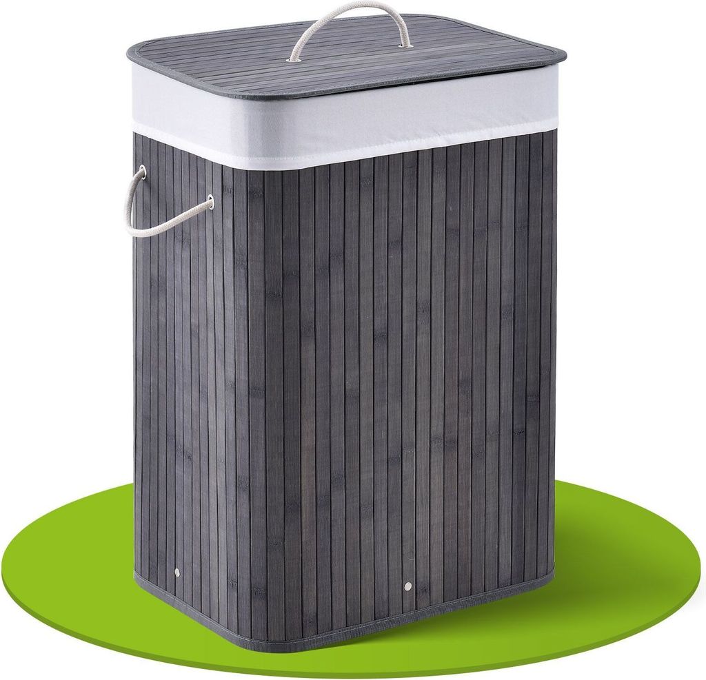 Juskys Bambus Wäschekorb Curly 72 Liter mit Wäschesack, Deckel & Griffen - Grau