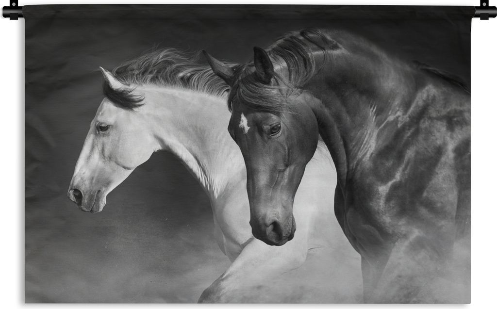 MuchoWow Wandteppich Wandbehang Pferde - Tiere - Schwarz - Weiß - Porträt 90x60 cm Tapisserie Dekoration Wandtuch - Wandskulpturen - Bildteppich