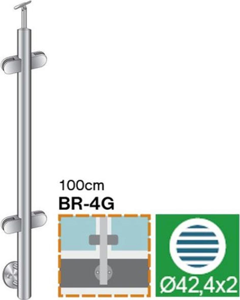 Geländerpfosten Mittelpfosten durchgehend Ø42,4 vorgesetzt Bauhöhe 1000 mm Edelstahl mit Glasklemmen halbrund 63x45mm Geländer V2A Wand geschli...