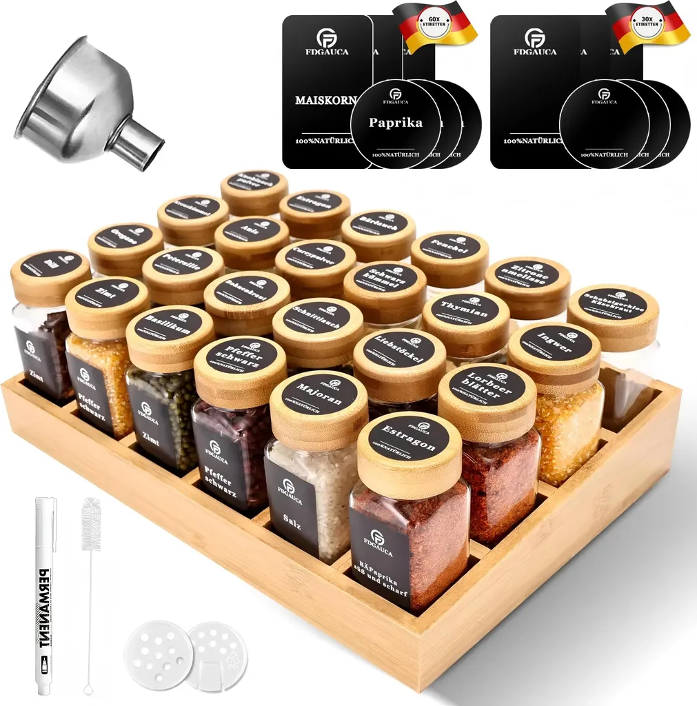 Set de 24 pots à épices en verre et support bambou naturel durable