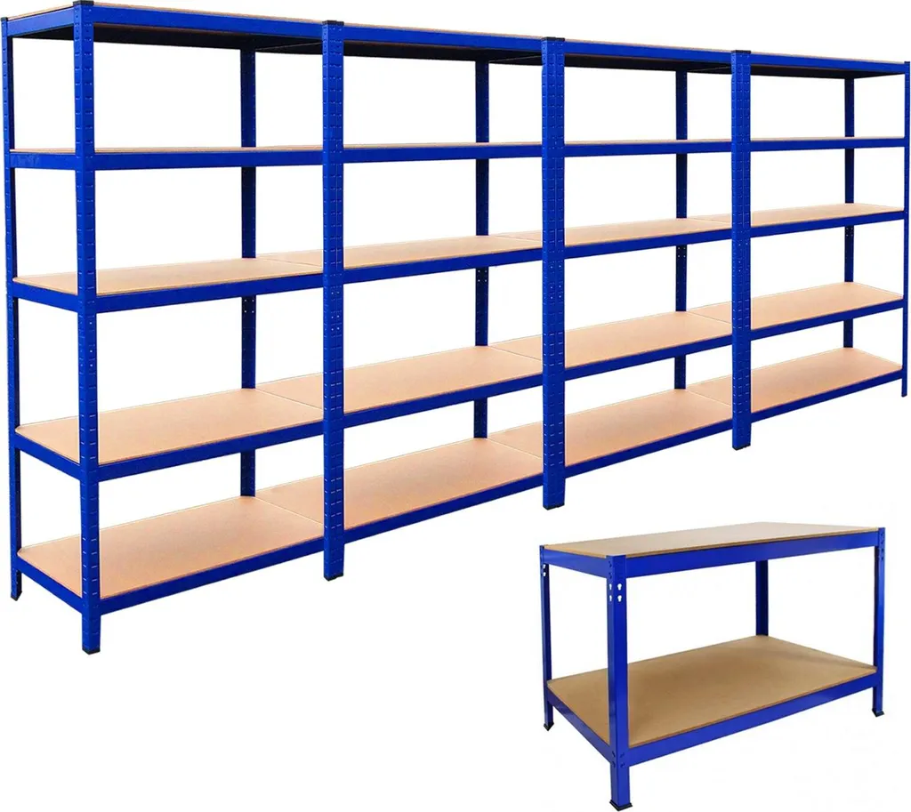 4 Rayonnages T-Rax 90cm Bleu et Établi Q-Rax 120cm - Set de Stockage 100