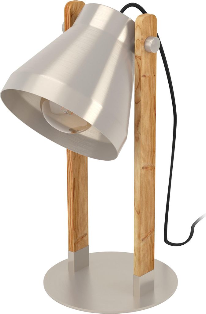 EGLO Tischlampe Cawton, rustikale Nachttischlampe mit schwenkbarem Spot, Tischleuchte aus Stahl und geflammtem Holz, Tisch-Lampe, E27 Fassung