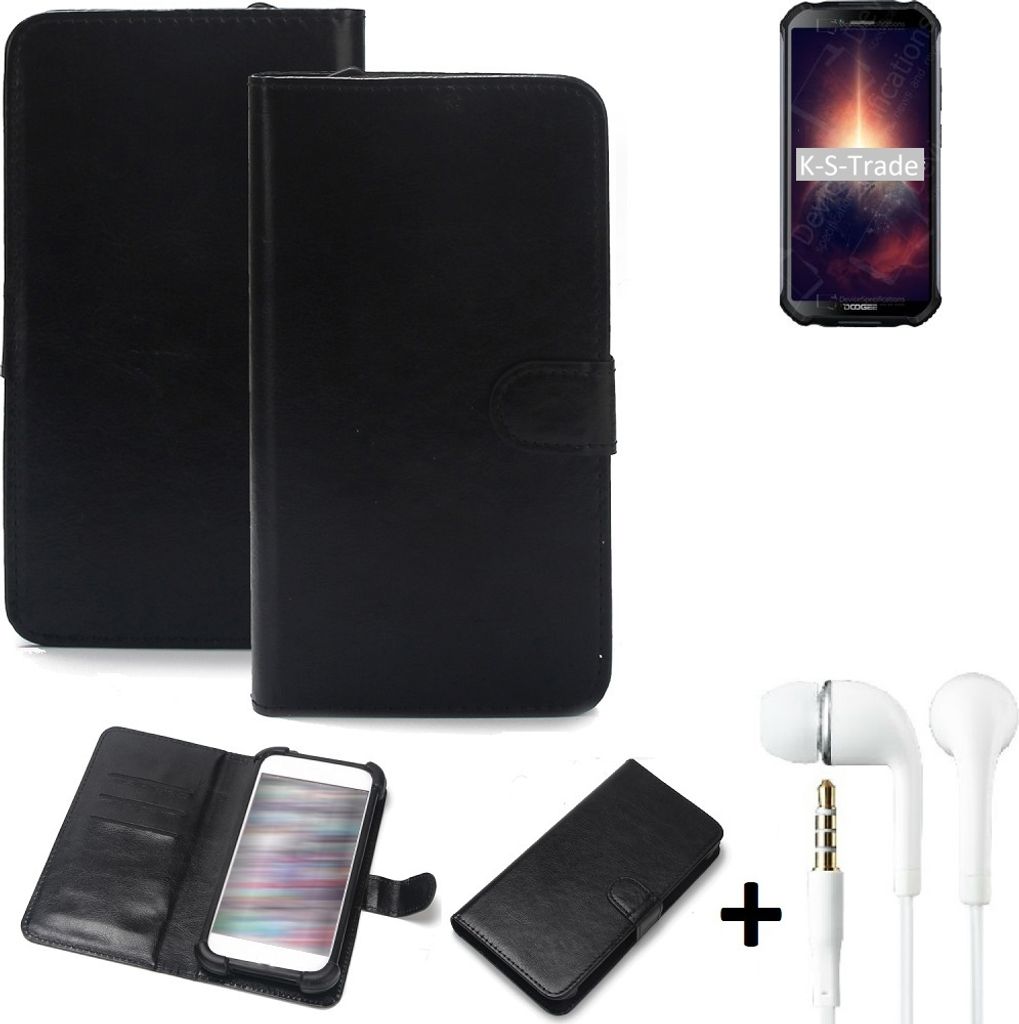 K-S-Trade Wallet Case Handyhülle kompatibel mit Doogee S40 Pro Schutzhülle Flip cover Flipstyle Tasche Hülle Flipcover Slim Bumper schwarz + in ear