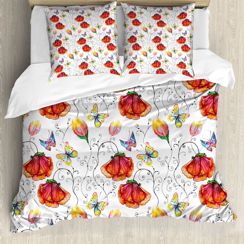 ABAKUHAUS Aquarell Bettbezug, Natürliche Szene Schmetterling, Milbensicher Allergiker geeignet mit Kissenbezügen, 200 cm x 200 cm - 80 x 80 cm, M...