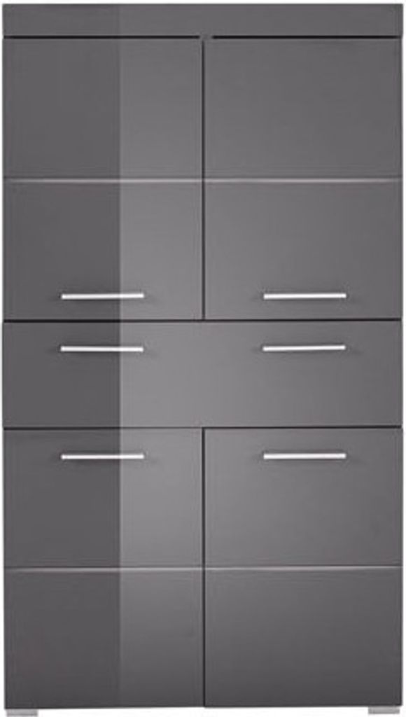 A grey cabinet with multiple doors and drawers.