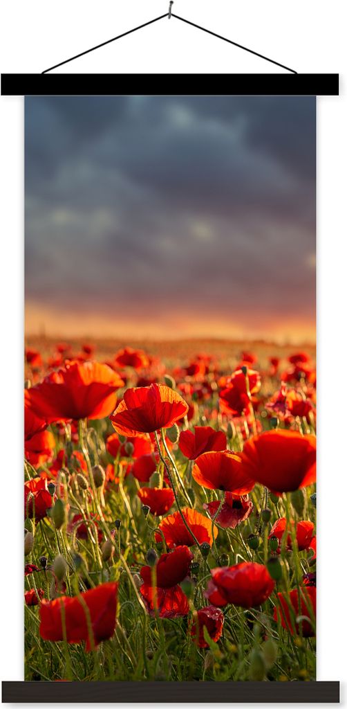 MuchoWow Textilposter Sonnenuntergang - Mohnblumen - Rot - Blumen - Feld - Natur 40x80 cm mit schwarzem Rahmen - Wandemalerei