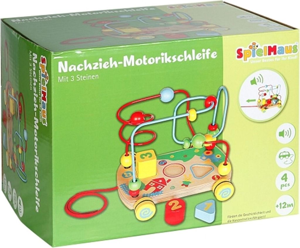 SpielMaus Holz Nachziehwagen mit Motorikschleife