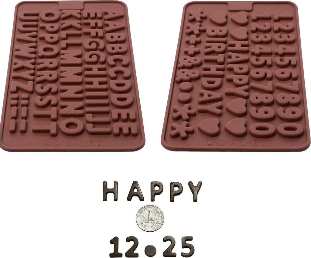 Silikon-Buchstaben- und Zahlenformen für Schokolade mit Happy Birthday-Kuchendekorationssymbolen, 2 Stück