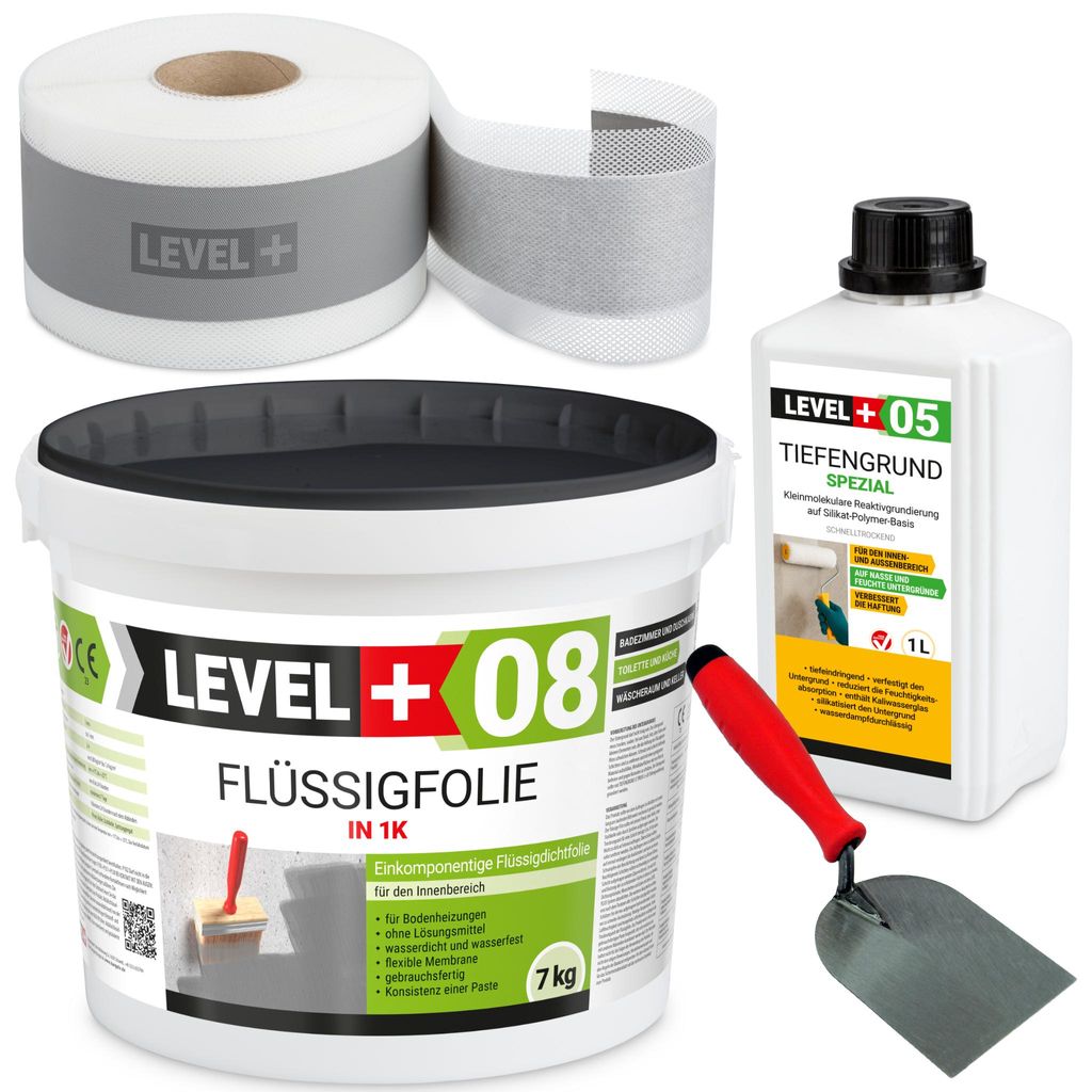 DichtSet Dusch Dichtband Tiefgrund Flüssigfolie 7kg Spachtelkelle 60mm - SET04