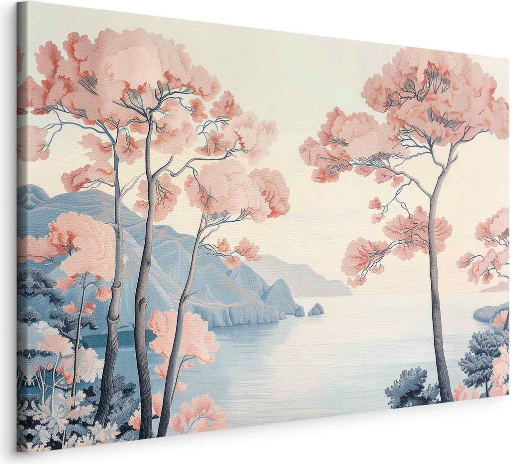 Vliesstoff Leinwandbild - Landscape with the Ocean Cliffs and Trees in Delicate Pink Shades 90x60 cm Landschaften c-H-10044-b-a