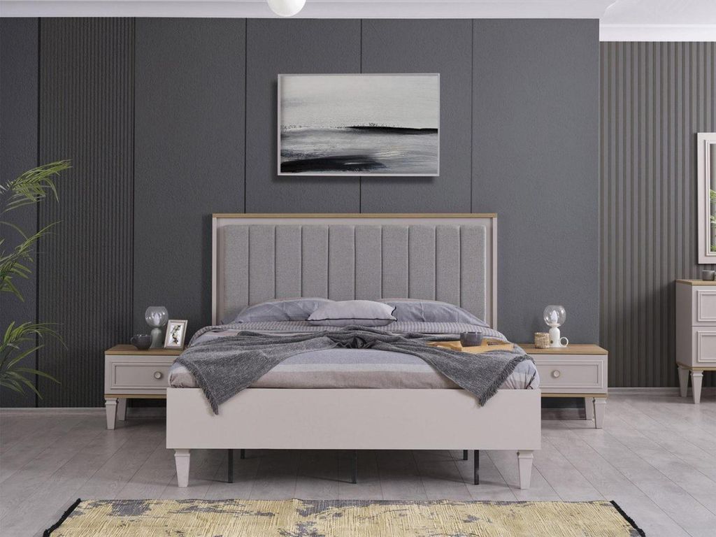 Garnitur Doppelbett Schlafzimmer Bett Nachttische Grau Holz Produktbild 