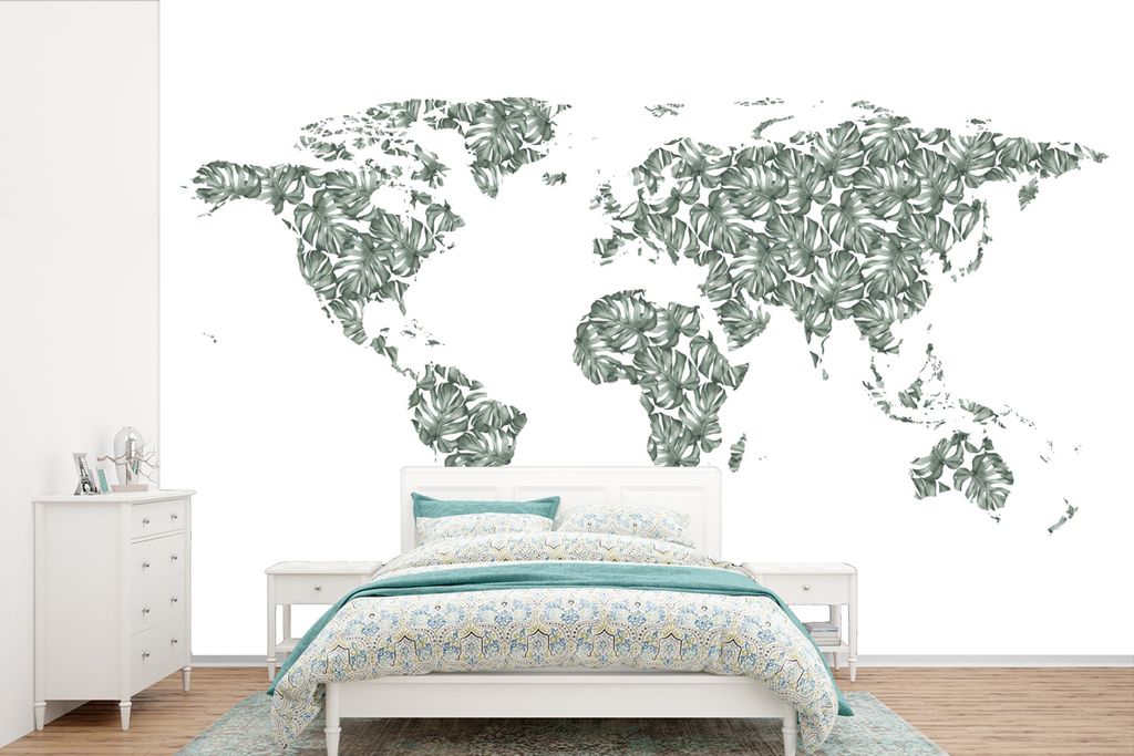 MuchoWow Fototapete für Wohnzimmer oder Schlafzimmer Wandtapete Vinyl Motivtapete Weltkarte - Tropische Pflanzen - Weiß - 450x300 cm - Gemusterte
