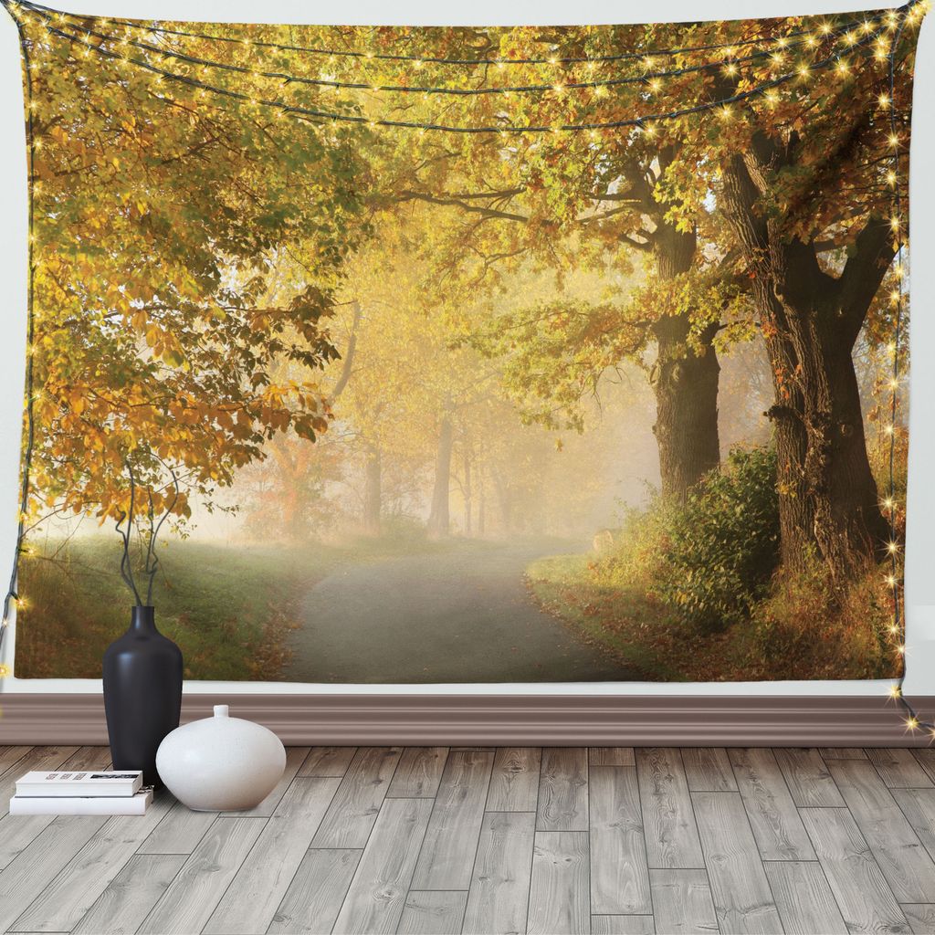 ABAKUHAUS Landschaft Wandteppich, Misty Autumn Morning, Wohnzimmer Schlafzimmer Wandtuch Seidiges Satin Wandteppich, 150 x 100 cm, Pale Kaffee Grün
