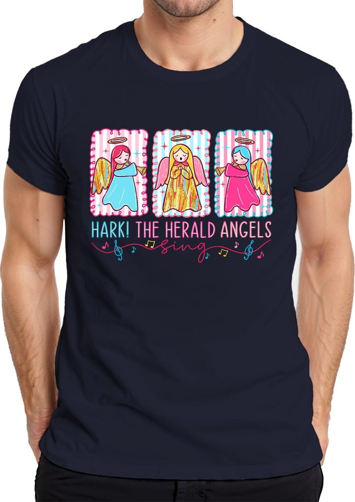 Hark The Herald Angels Sing Weihnachten Engel Pastell Geschenk Herren T-Shirt, Navy, 3XL