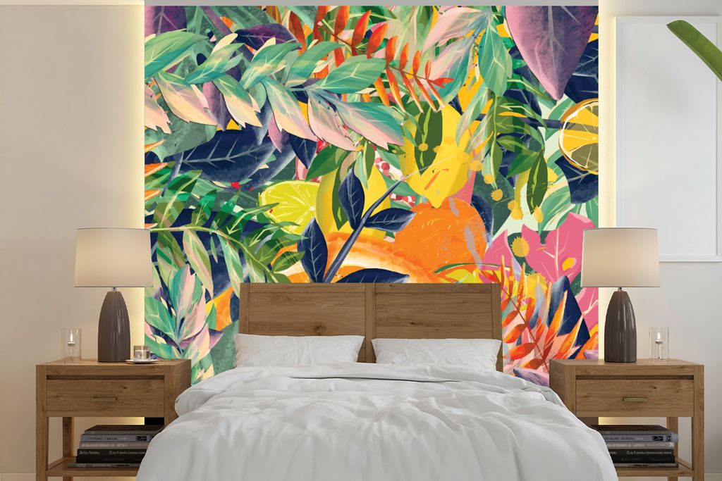 MuchoWow Fototapete für Wohnzimmer oder Schlafzimmer Wandtapete Vinyl Motivtapete Blumen - Dschungel - Tropisch - 220x220 cm - Tapeten