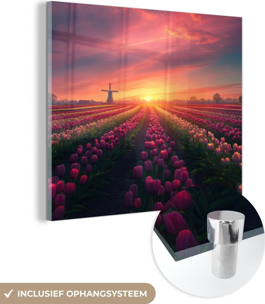 MuchoWow Glasbilder - Bilder auf Wandbild - Foto auf Glas Windmühle - Sonnenuntergang - Landschaft 40x40 cm Wanddekoration aus Glas - Acrylglasbil...