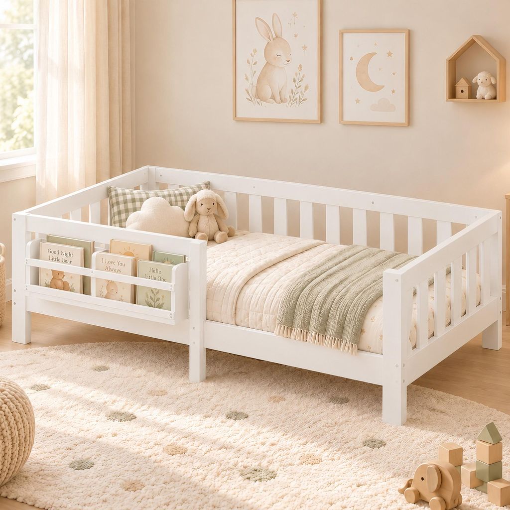 Lit bébé 90x200 cm avec barrières de sécurité, étagère à Image du produit 