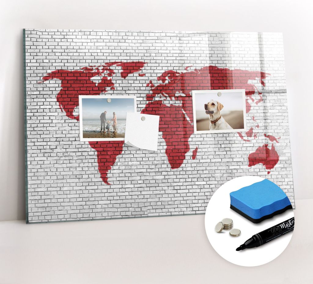 Magnetpinnwand Memoboard - Zubehörsatz - Schwarzer Marker + Schwamm + Magnete - 60 x 40 cm - Weltkarte aus Backsteinmauern