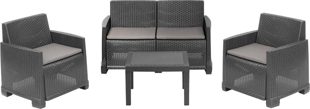 Outdoor-Lounge-Set Dbagnolin, Gartenkomposition mit 2 Sesseln, 1 Sofa und 1 Couchtisch, Rattan-Effekt mit Kissen, 100 % Italy, Anthrazit