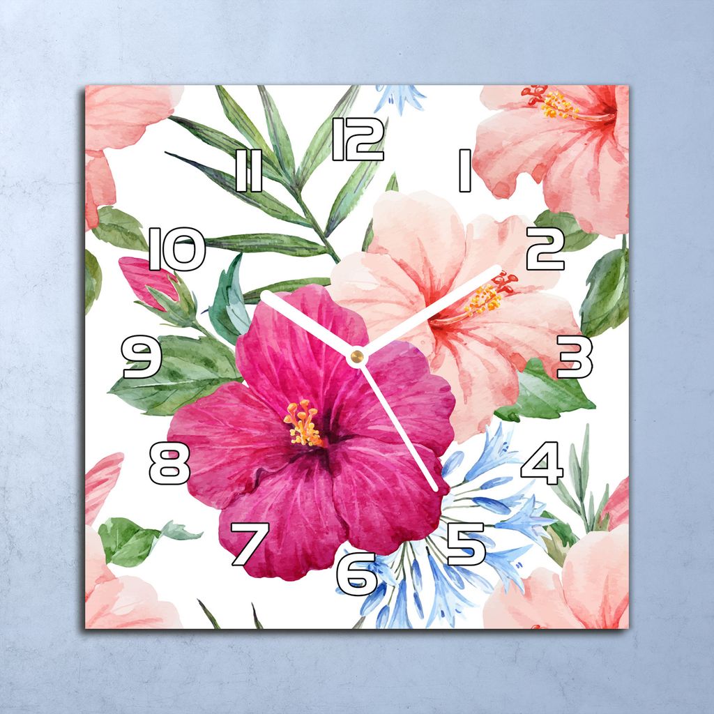 Deko Glasuhr Wanduhr 30x30 Rosa Hibiskusblüten Quarz Produktbild 