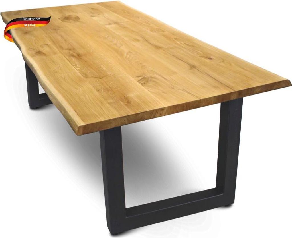 DELUKE Massivholz Wohnzimmertisch mit Baumkante RAGNAR - 280x100cm, Eichenholz, U-Tie Gestell | Esstisch Holz Küchentisch Esszimmertisch