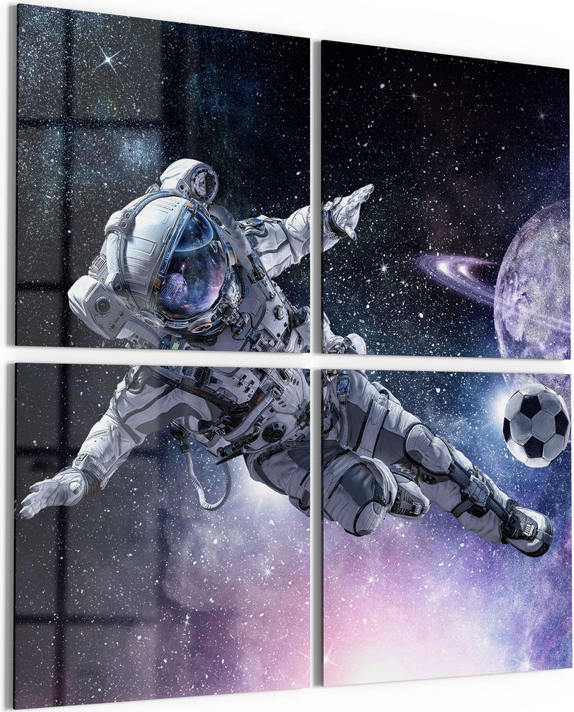 DEQORI Glasbild Echtglas 4x50x50 cm 'Kosmonaut kickt Fußball' Wandbilder XXL groß