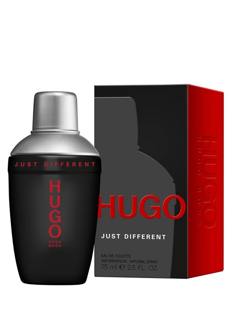A bottle of Hugo Boss Just Different Eau de Toilette and its packaging are displayed against a white background.