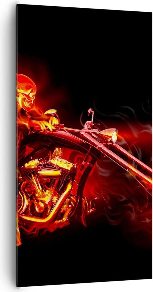 Bild auf Leinwand - Leinwandbild - Flammen Motorrad Skelett - 65x120cm - Wand Bild - Wanddeko - Leinwanddruck - Bilder - Kunstdruck - Wanddekoratio...