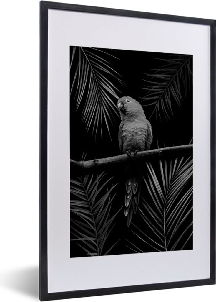 MuchoWow Gerahmtes Poster Vogel auf schwarzem Hintergrund - schwarz und weiß 40x60 cm - Poster mit Schwarzem Bilderrahmen Wandposter Rahmen Foto...