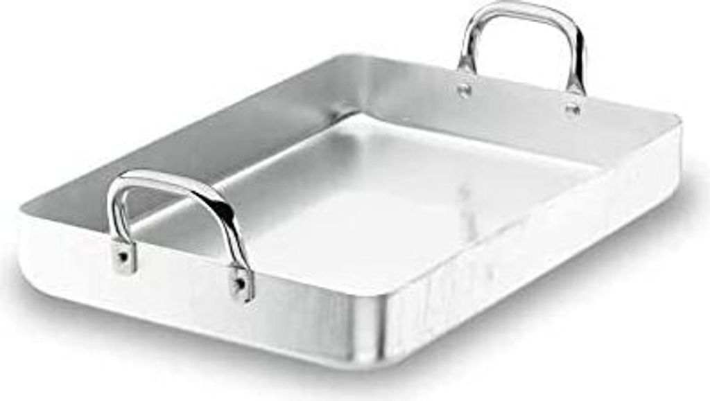 A rectangular roasting pan with two handles, shown from a diagonal angle against a white background.