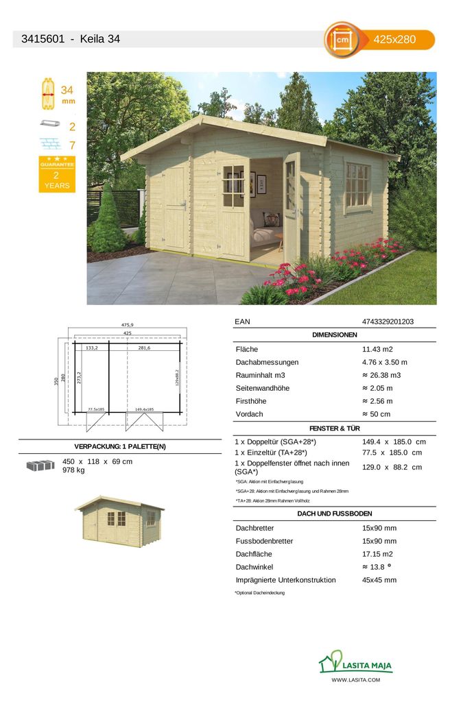 Gartenhaus Blockbohlenhaus Keila 34 mm naturbelassen